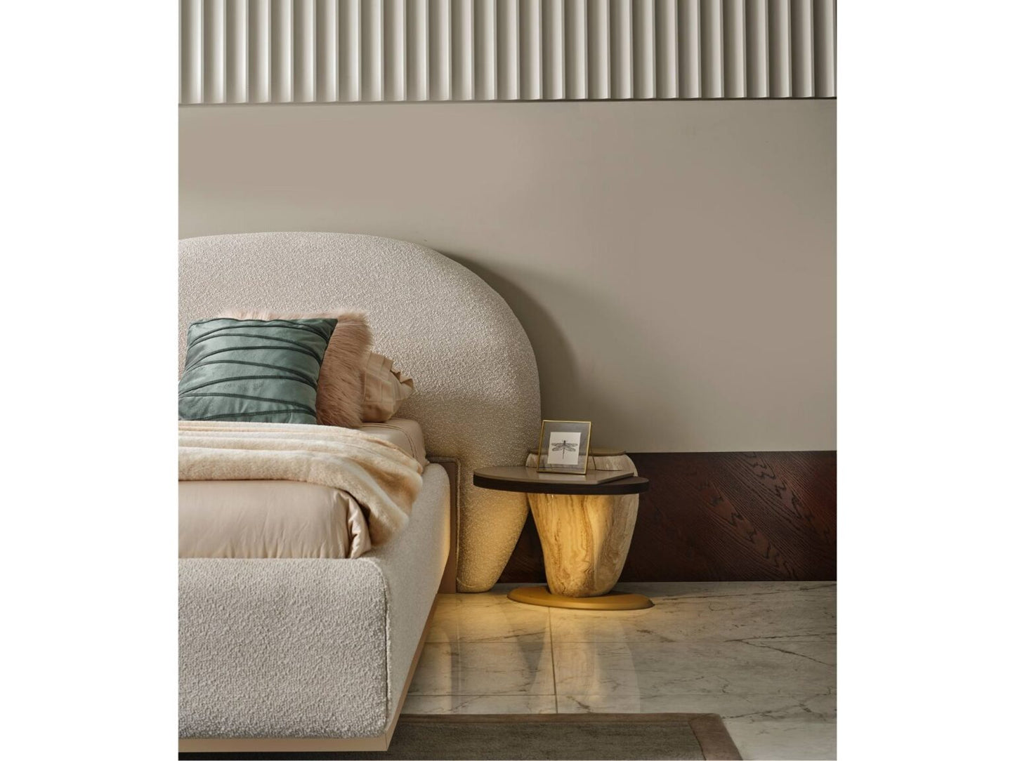 Terrae modern luxury bedroom collection featuring upholstered bed, sculptural mirror vanity, and warm wood bedside tables in a serene minimalist space.