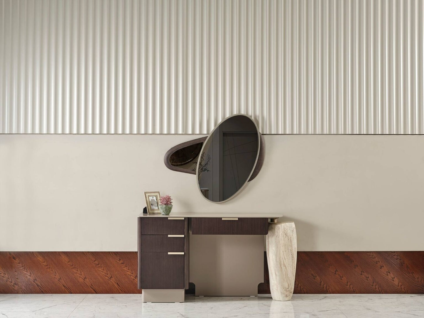 Terrae modern luxury bedroom collection featuring upholstered bed, sculptural mirror vanity, and warm wood bedside tables in a serene minimalist space.