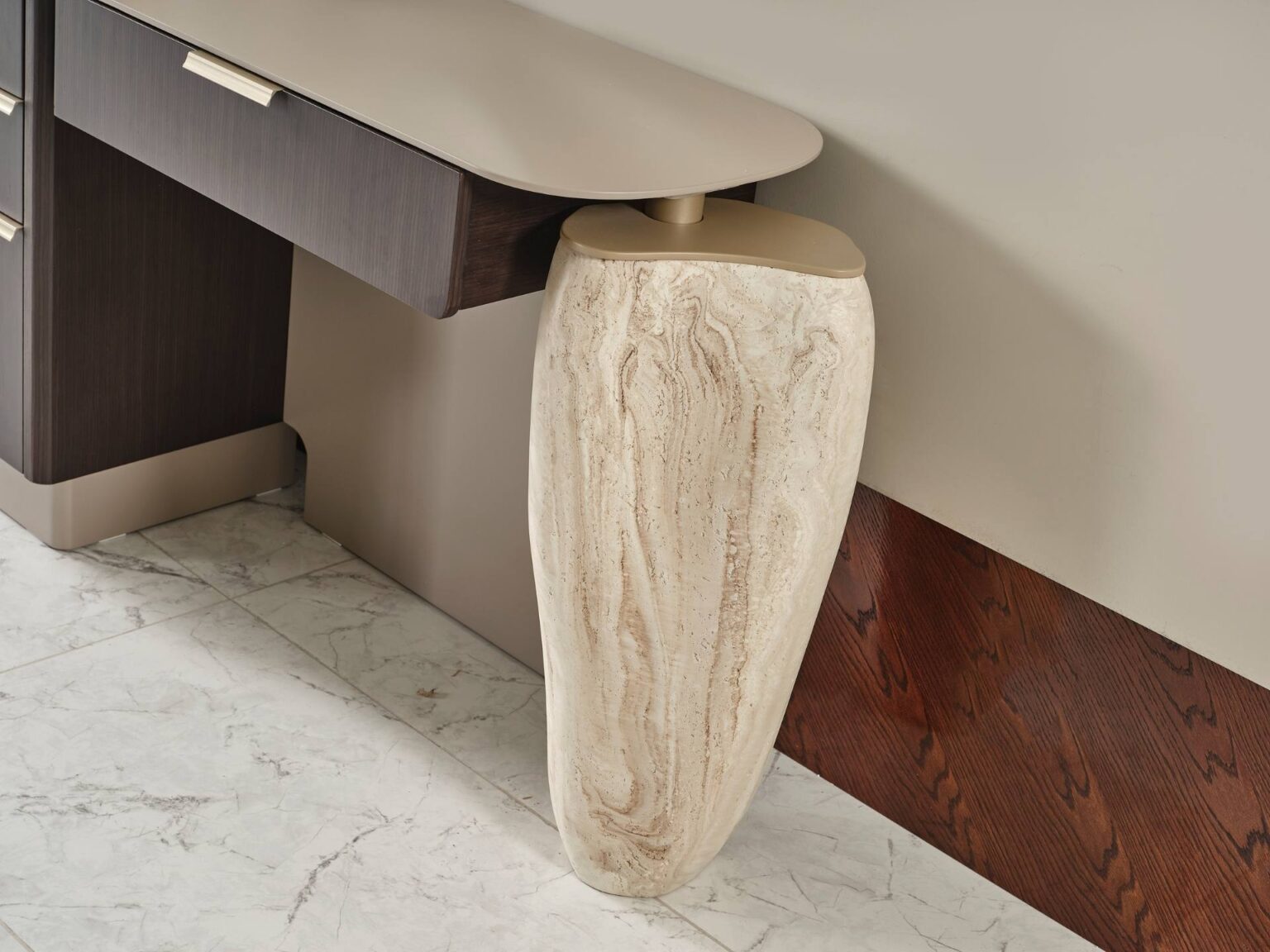 Terrae modern luxury bedroom collection featuring upholstered bed, sculptural mirror vanity, and warm wood bedside tables in a serene minimalist space.