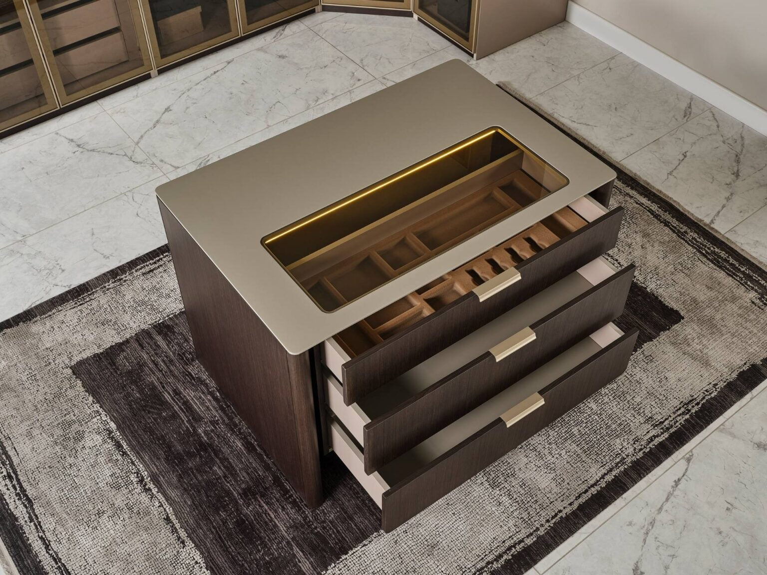 Terrae modern luxury bedroom collection featuring upholstered bed, sculptural mirror vanity, and warm wood bedside tables in a serene minimalist space.