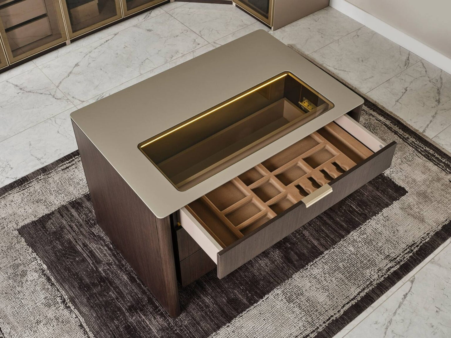 Terrae modern luxury bedroom collection featuring upholstered bed, sculptural mirror vanity, and warm wood bedside tables in a serene minimalist space.