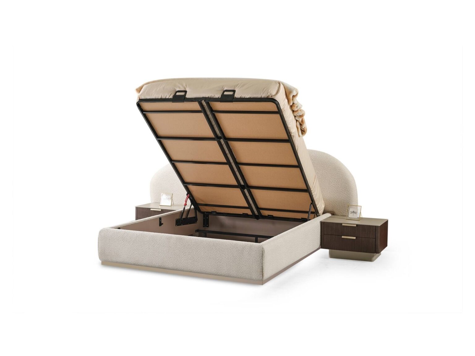 Terrae modern luxury bedroom collection featuring upholstered bed, sculptural mirror vanity, and warm wood bedside tables in a serene minimalist space.