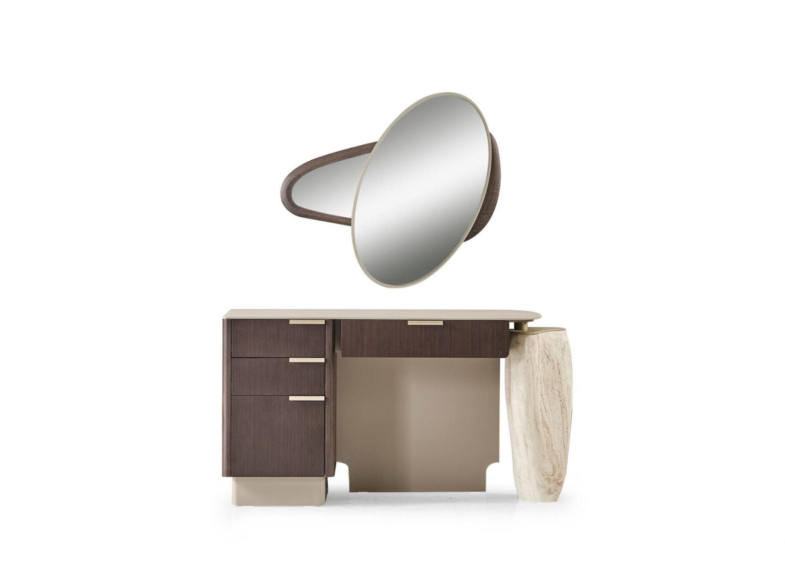 Terrae modern luxury bedroom collection featuring upholstered bed, sculptural mirror vanity, and warm wood bedside tables in a serene minimalist space.