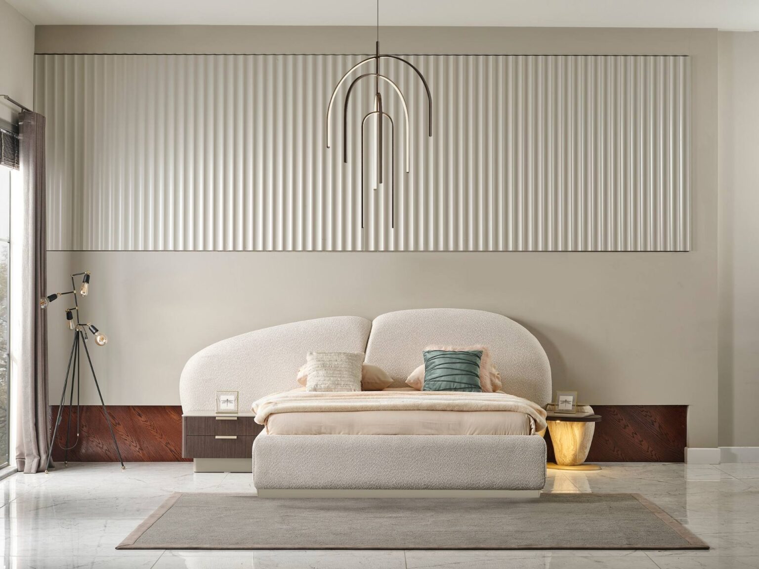 Terrae modern luxury bedroom collection featuring upholstered bed, sculptural mirror vanity, and warm wood bedside tables in a serene minimalist space.