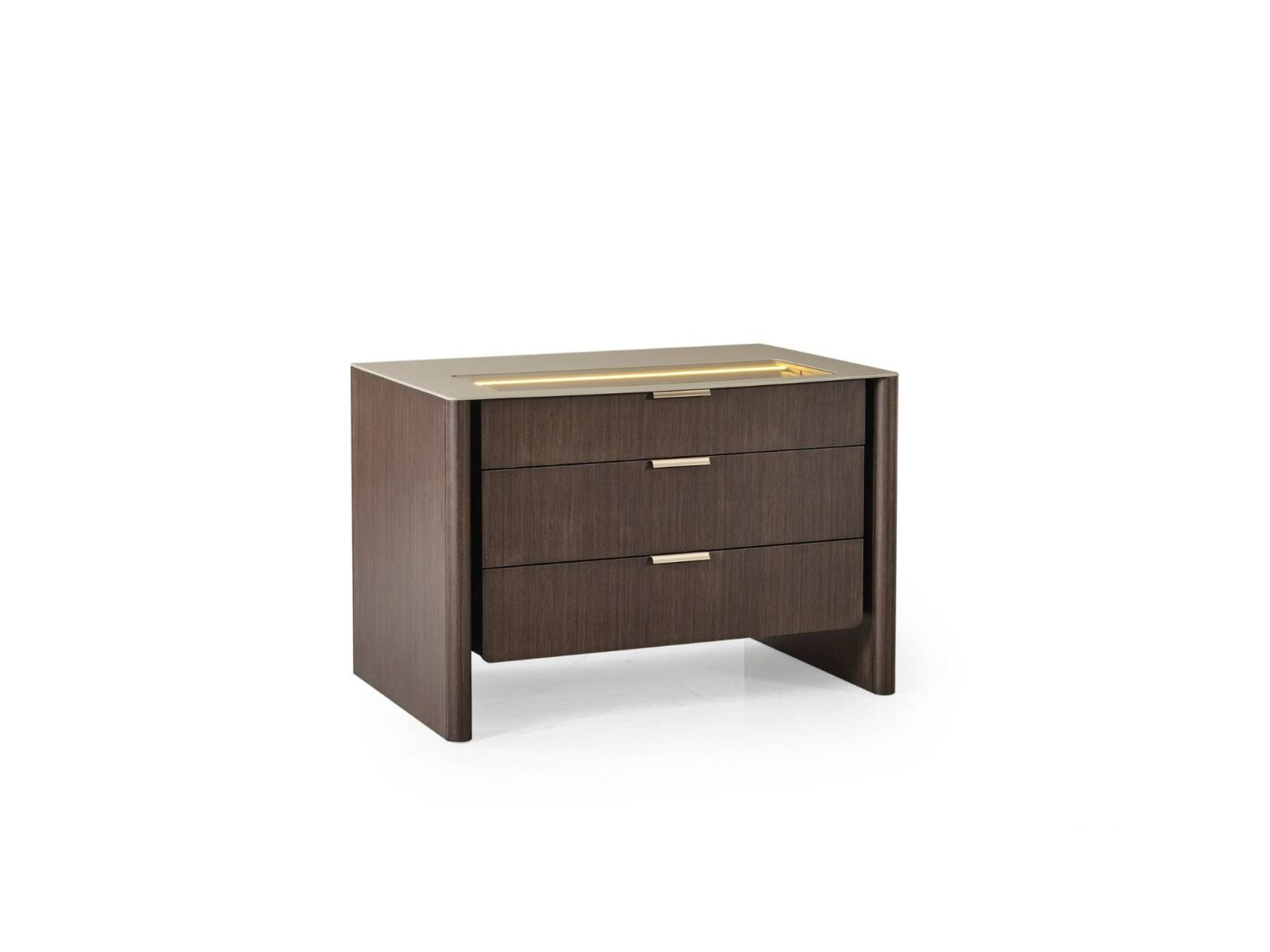 Terrae modern luxury bedroom collection featuring upholstered bed, sculptural mirror vanity, and warm wood bedside tables in a serene minimalist space.