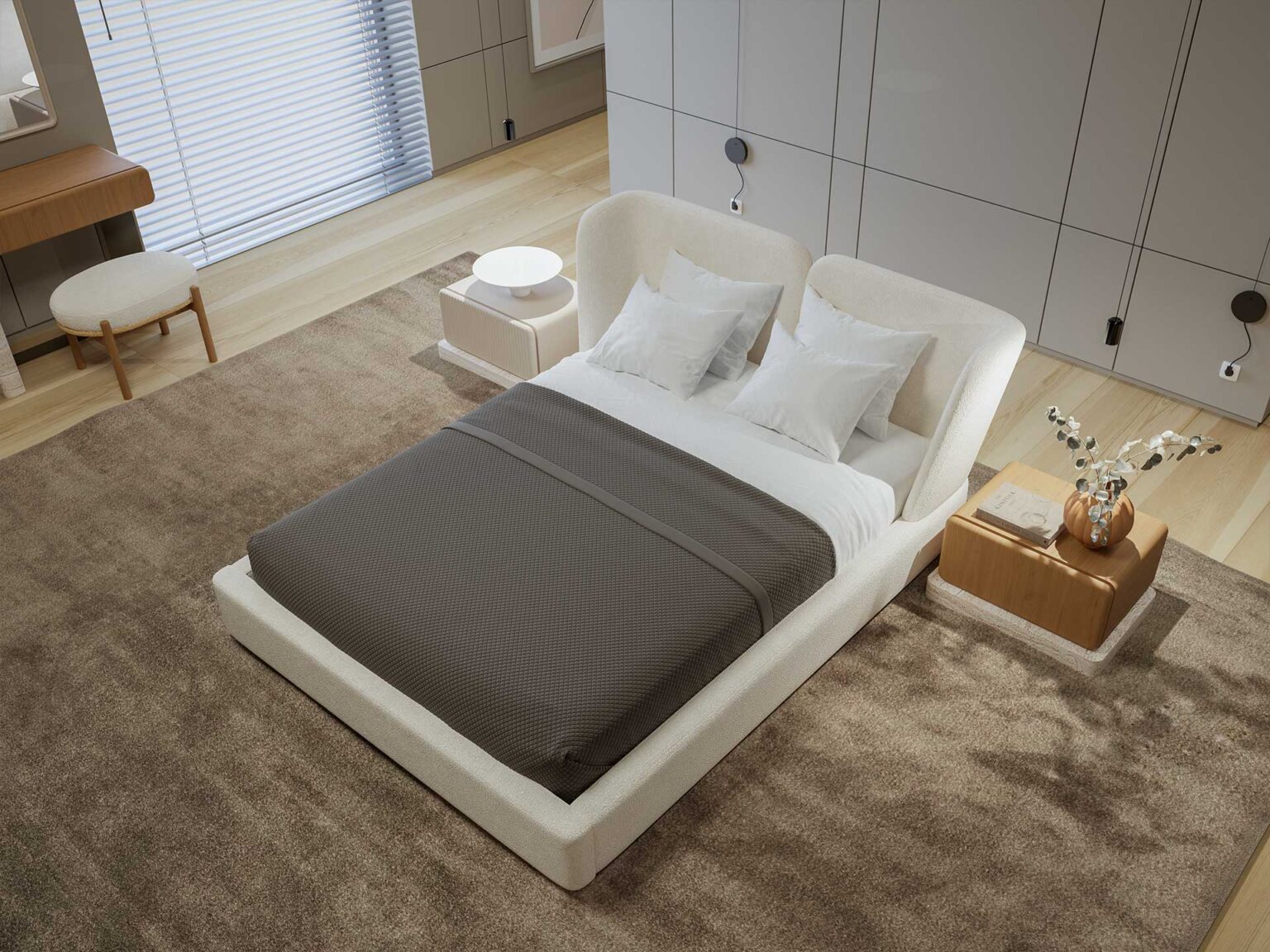 Halo modern luxury bedroom furniture collection with upholstered bed, fluted nightstands, vanity, lounge chair, and contemporary wardrobe.