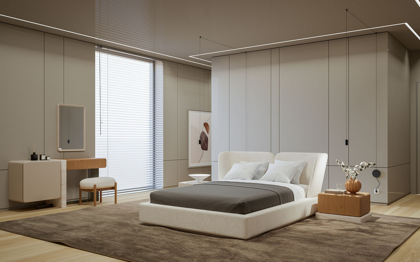 Halo modern luxury bedroom furniture collection with upholstered bed, fluted nightstands, vanity, lounge chair, and contemporary wardrobe.