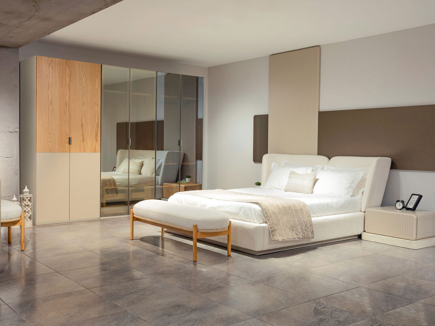 Halo modern luxury bedroom furniture collection with upholstered bed, fluted nightstands, vanity, lounge chair, and contemporary wardrobe.