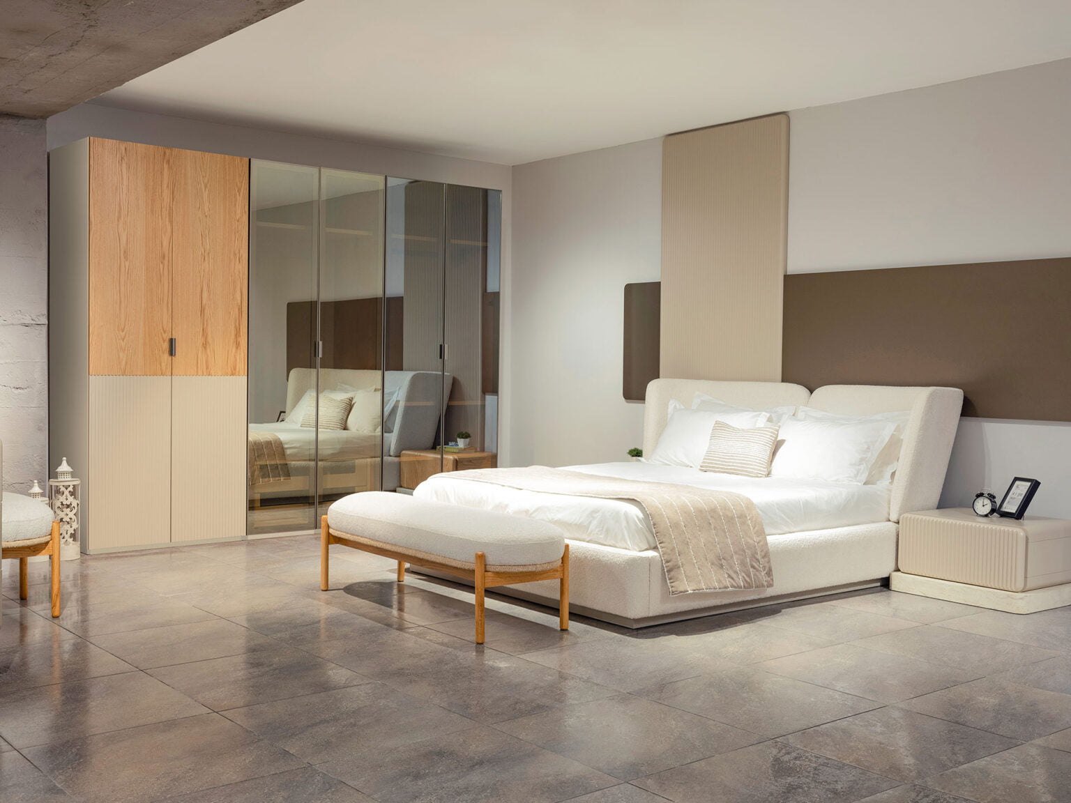 Halo modern luxury bedroom furniture collection with upholstered bed, fluted nightstands, vanity, lounge chair, and contemporary wardrobe.