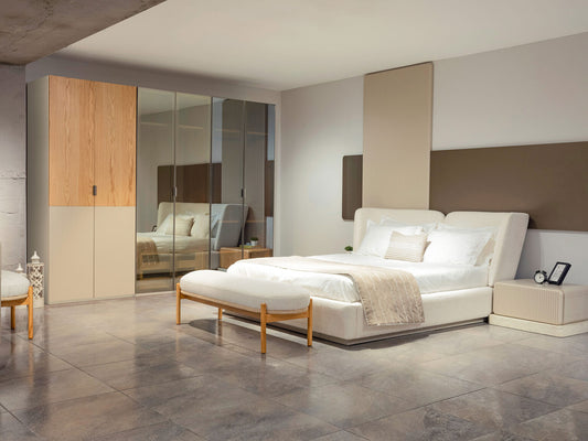 Halo modern luxury bedroom furniture collection with upholstered bed, fluted nightstands, vanity, lounge chair, and contemporary wardrobe.