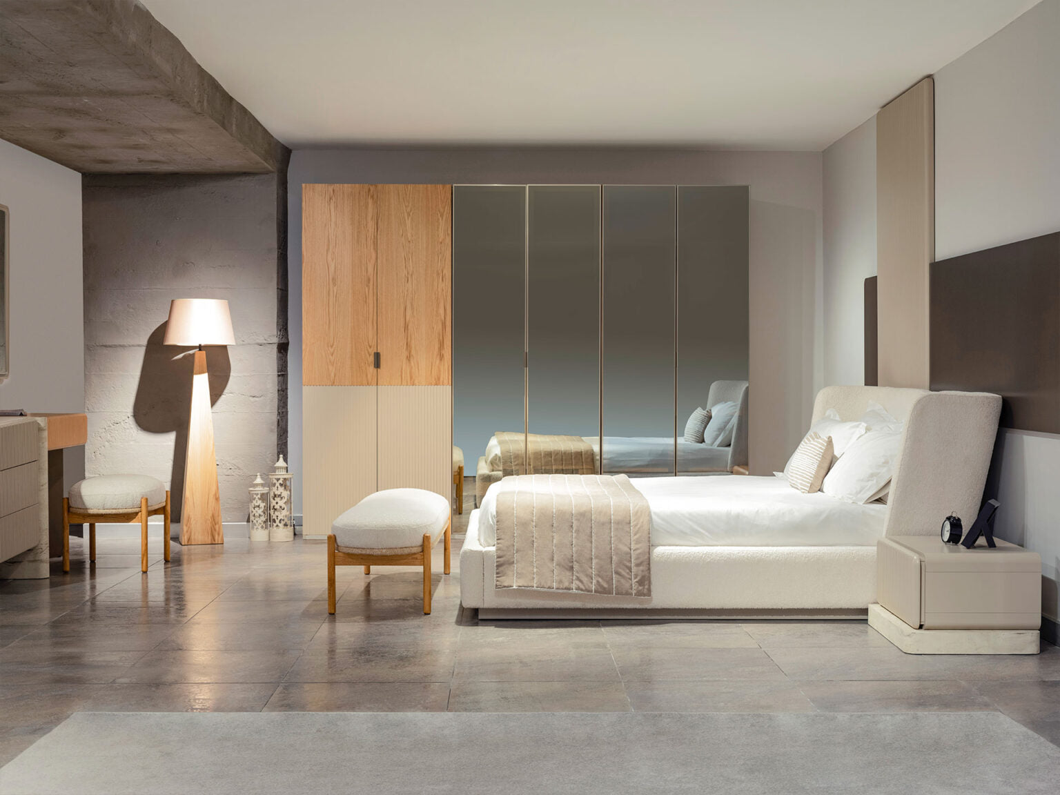 Halo modern luxury bedroom furniture collection with upholstered bed, fluted nightstands, vanity, lounge chair, and contemporary wardrobe.