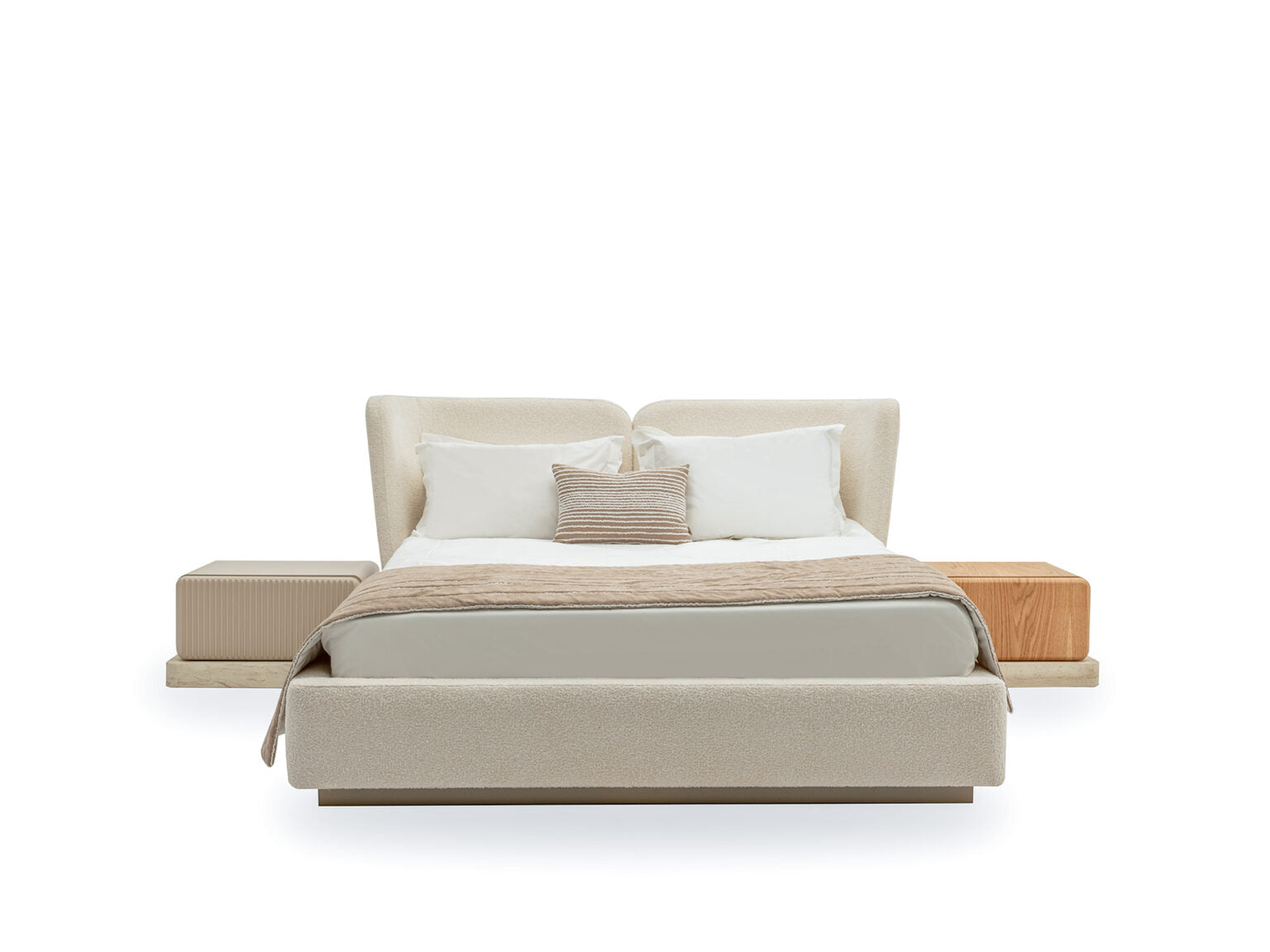 Halo modern luxury bedroom furniture collection with upholstered bed, fluted nightstands, vanity, lounge chair, and contemporary wardrobe.