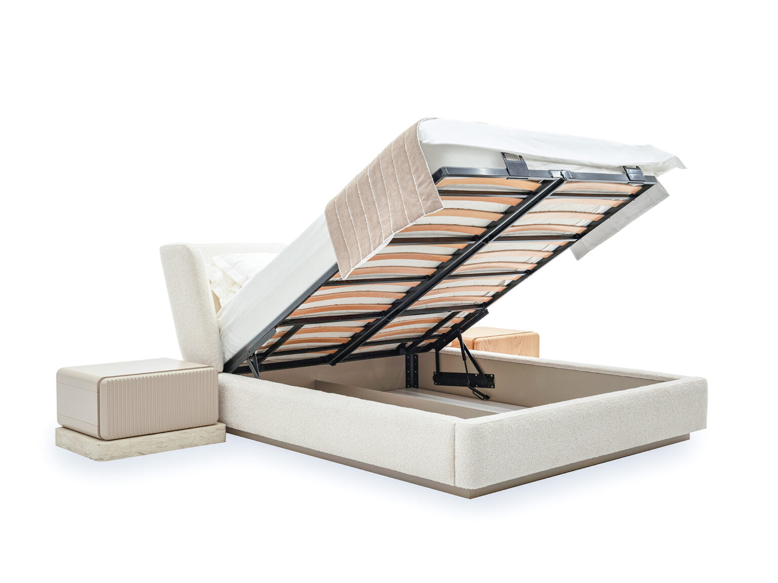 Halo modern luxury bedroom furniture collection with upholstered bed, fluted nightstands, vanity, lounge chair, and contemporary wardrobe.