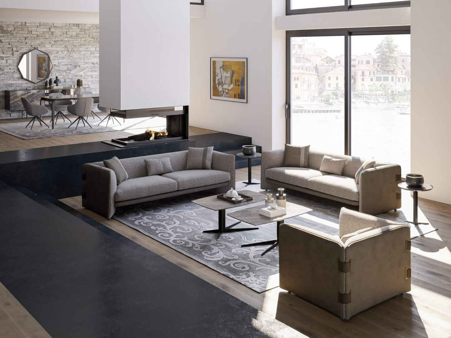 Ledger modern luxury living room furniture with tailored sofas, lounge chairs, and minimalist coffee tables in a contemporary interior.