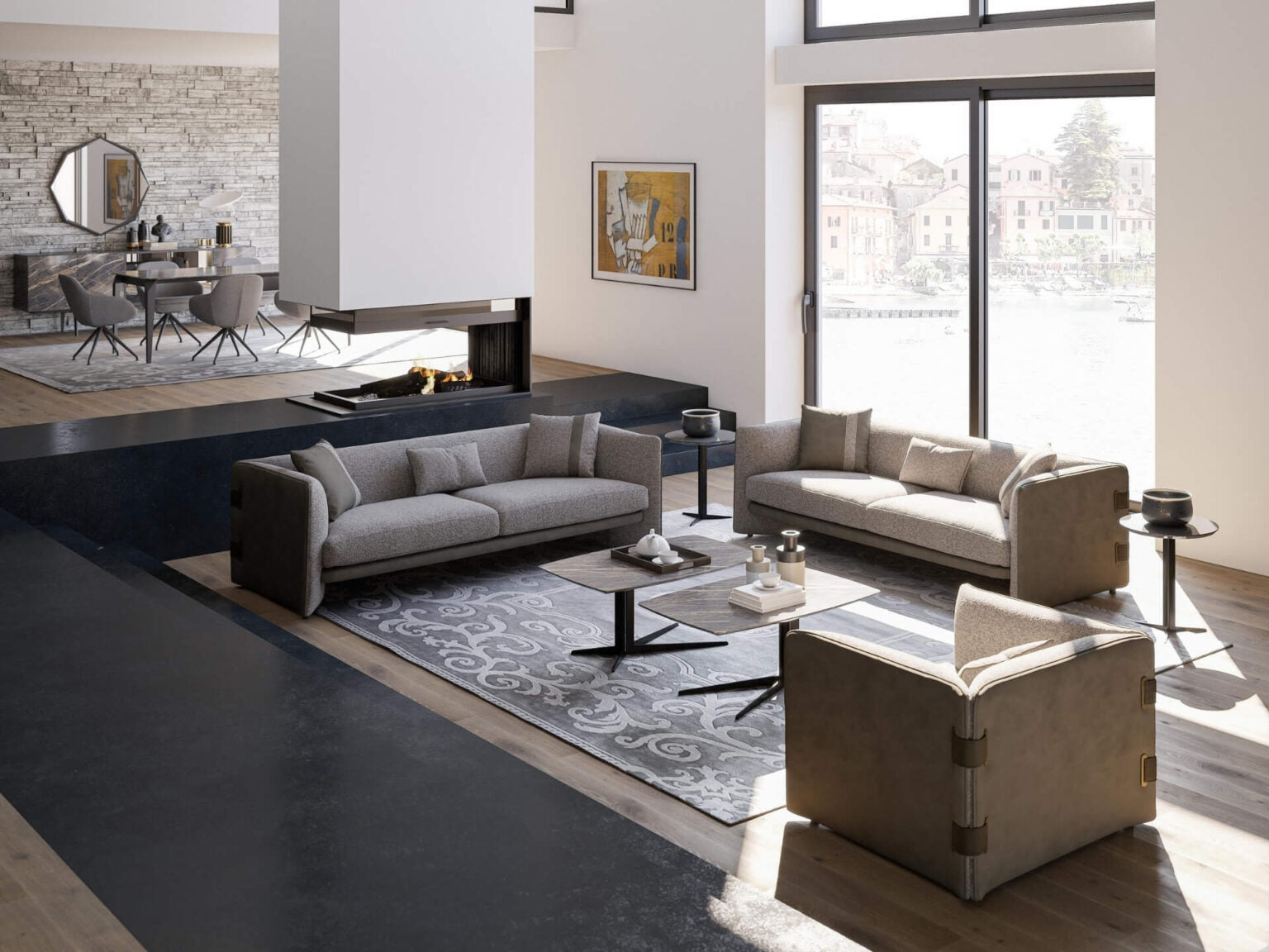 Ledger modern luxury living room furniture with tailored sofas, lounge chairs, and minimalist coffee tables in a contemporary interior.