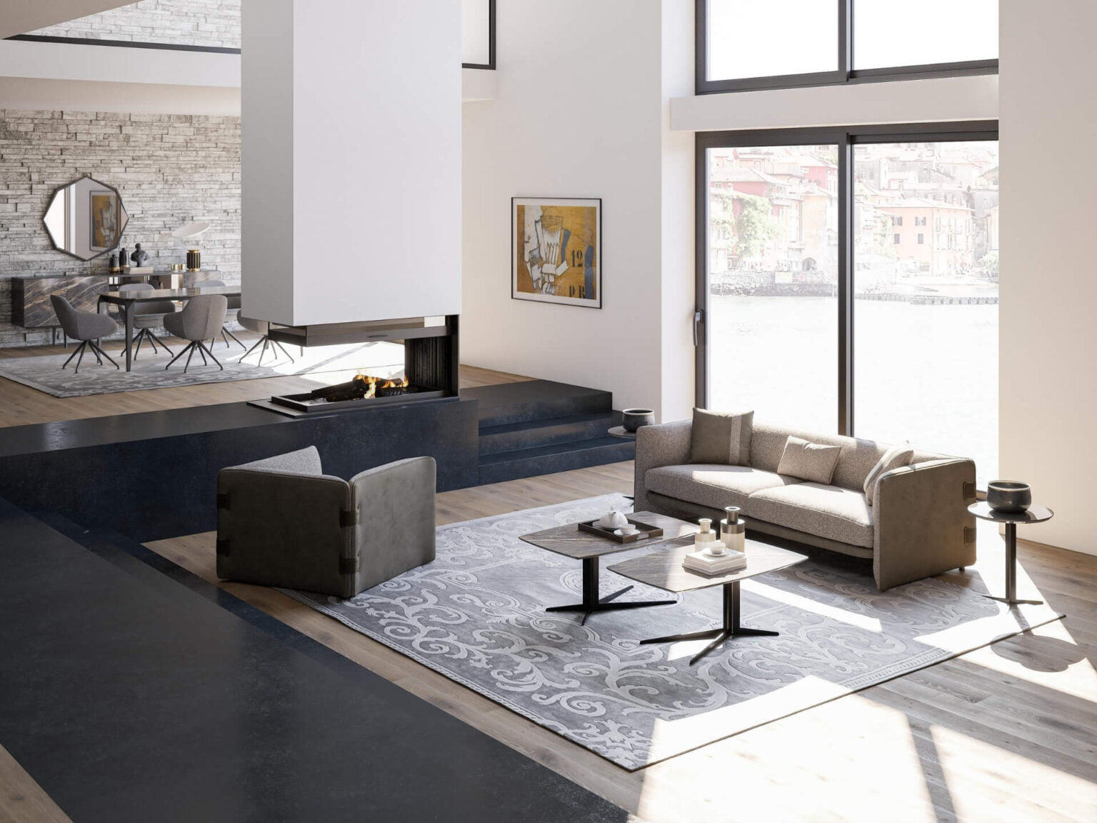 Ledger modern luxury living room furniture with tailored sofas, lounge chairs, and minimalist coffee tables in a contemporary interior.