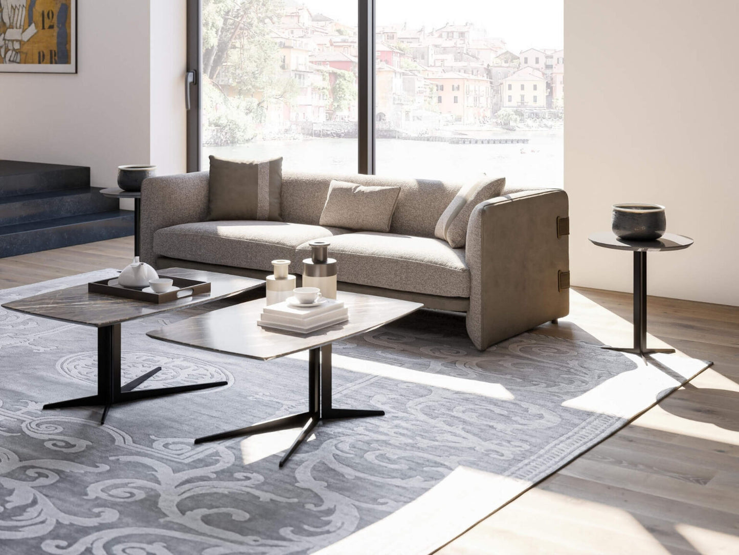 Ledger modern luxury living room furniture with tailored sofas, lounge chairs, and minimalist coffee tables in a contemporary interior.