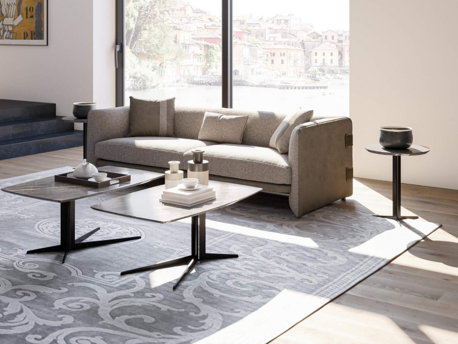 Ledger modern luxury living room furniture with tailored sofas, lounge chairs, and minimalist coffee tables in a contemporary interior.
