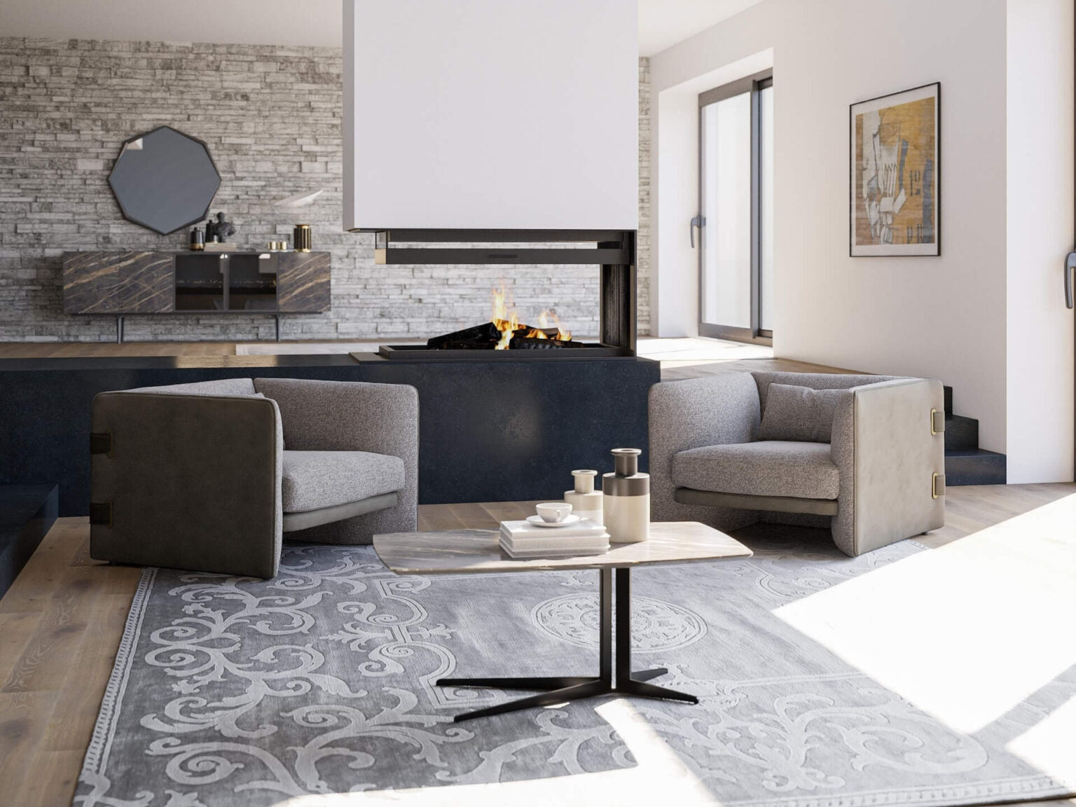 Ledger modern luxury living room furniture with tailored sofas, lounge chairs, and minimalist coffee tables in a contemporary interior.