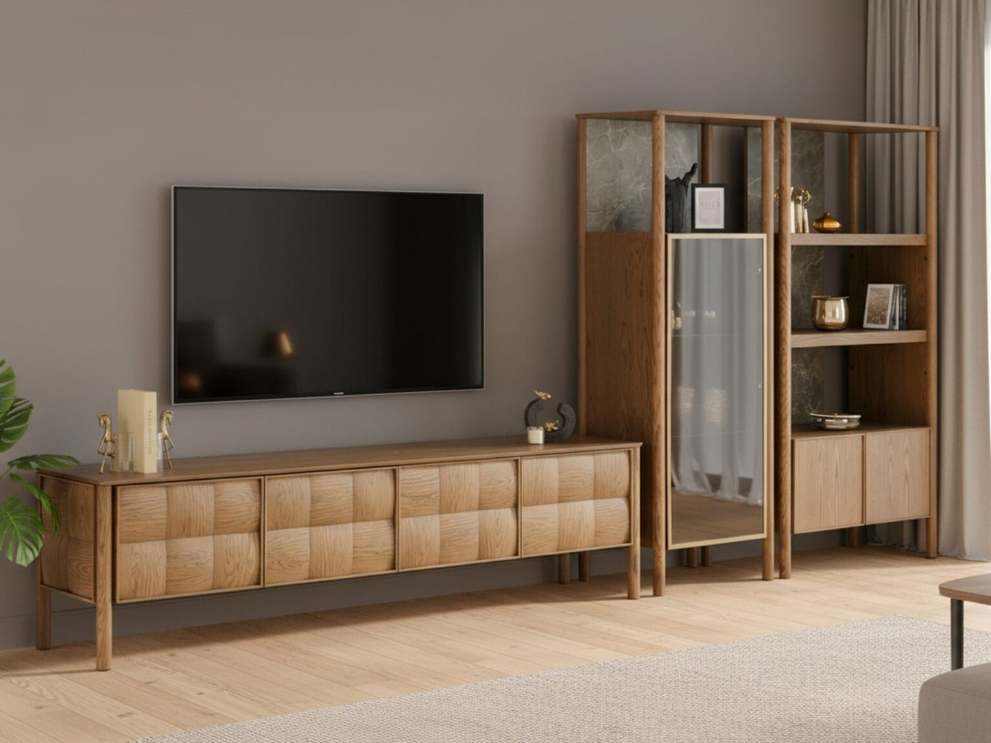 Blanc modern luxury living room furniture collection with curved modular sofa and sculptural wood coffee tables.