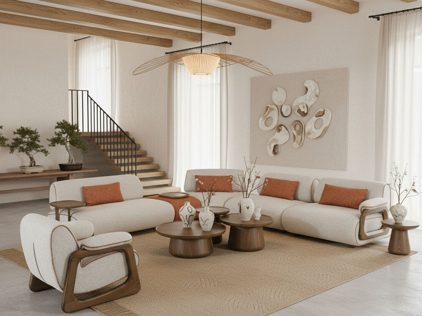 Blanc modern luxury living room furniture collection with curved modular sofa and sculptural wood coffee tables.