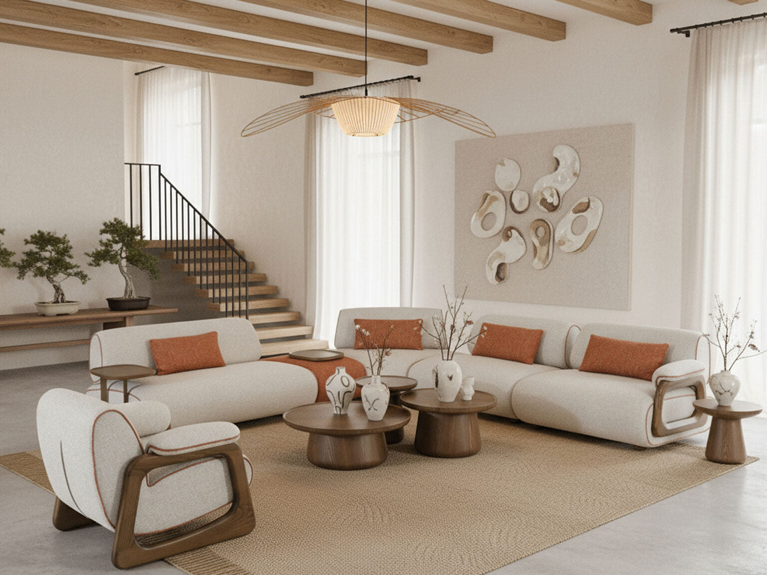 Blanc modern luxury living room furniture collection with curved modular sofa and sculptural wood coffee tables.