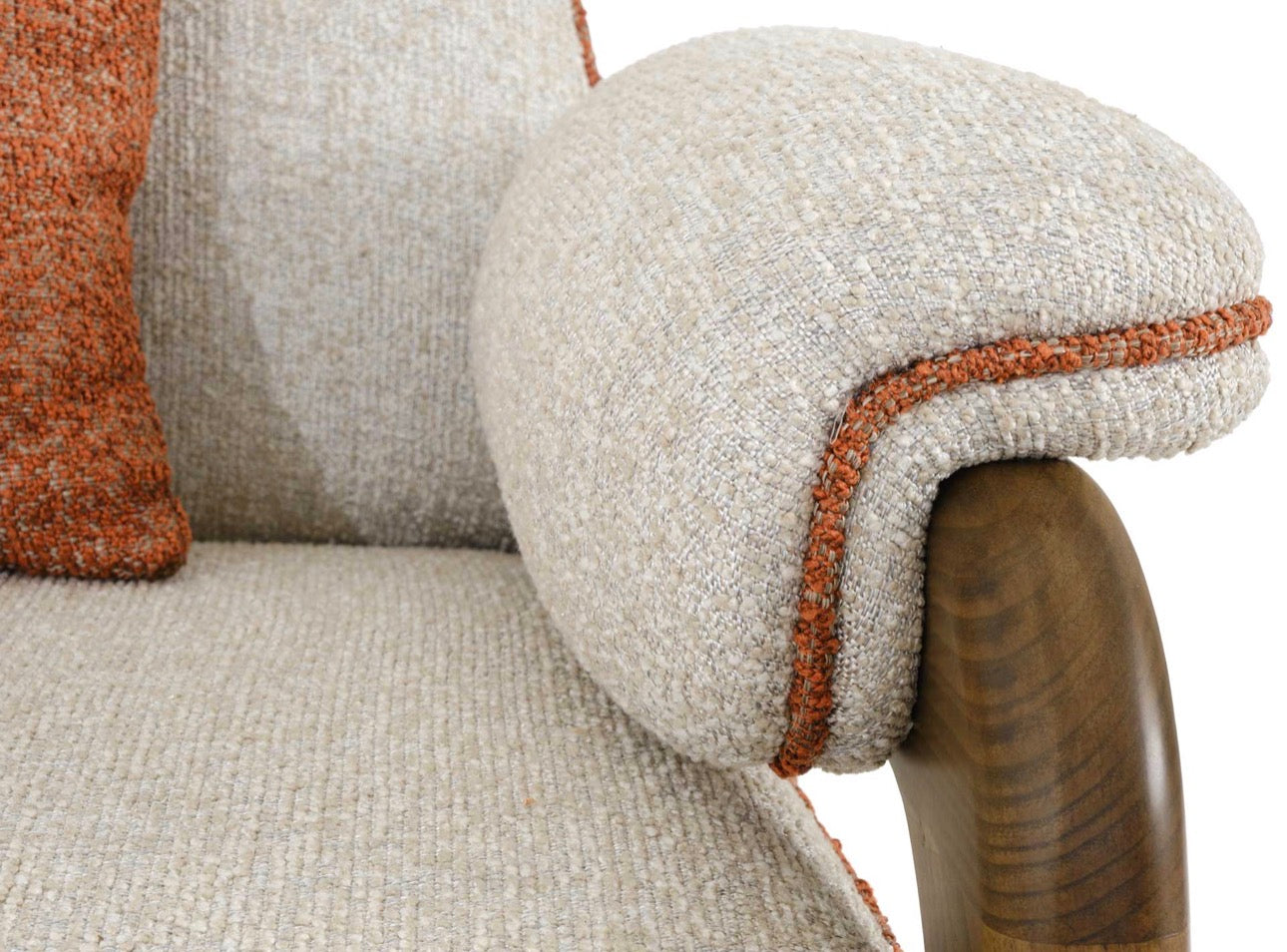 Blanc modern luxury living room furniture collection with curved modular sofa and sculptural wood coffee tables.