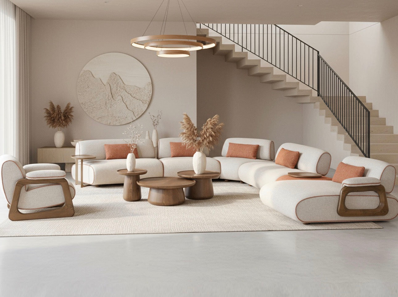 Blanc modern luxury living room furniture collection with curved modular sofa and sculptural wood coffee tables.