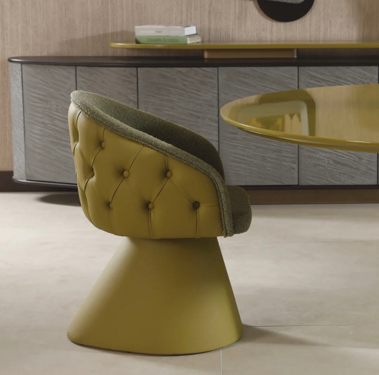 Honey modern luxury dining furniture collection with sculptural green dining table and tufted pedestal dining chairs.