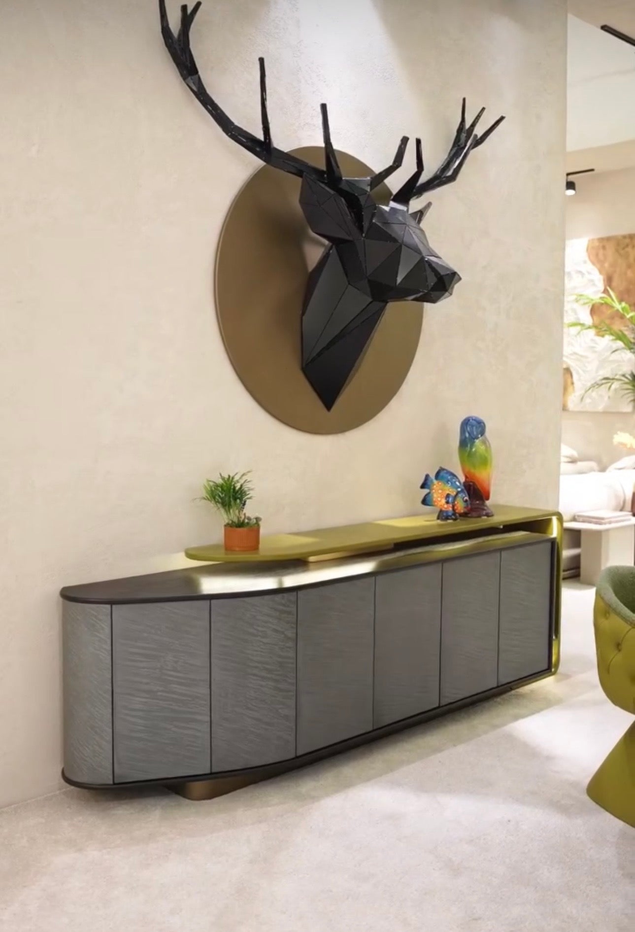 Honey modern luxury dining furniture collection with sculptural green dining table and tufted pedestal dining chairs.