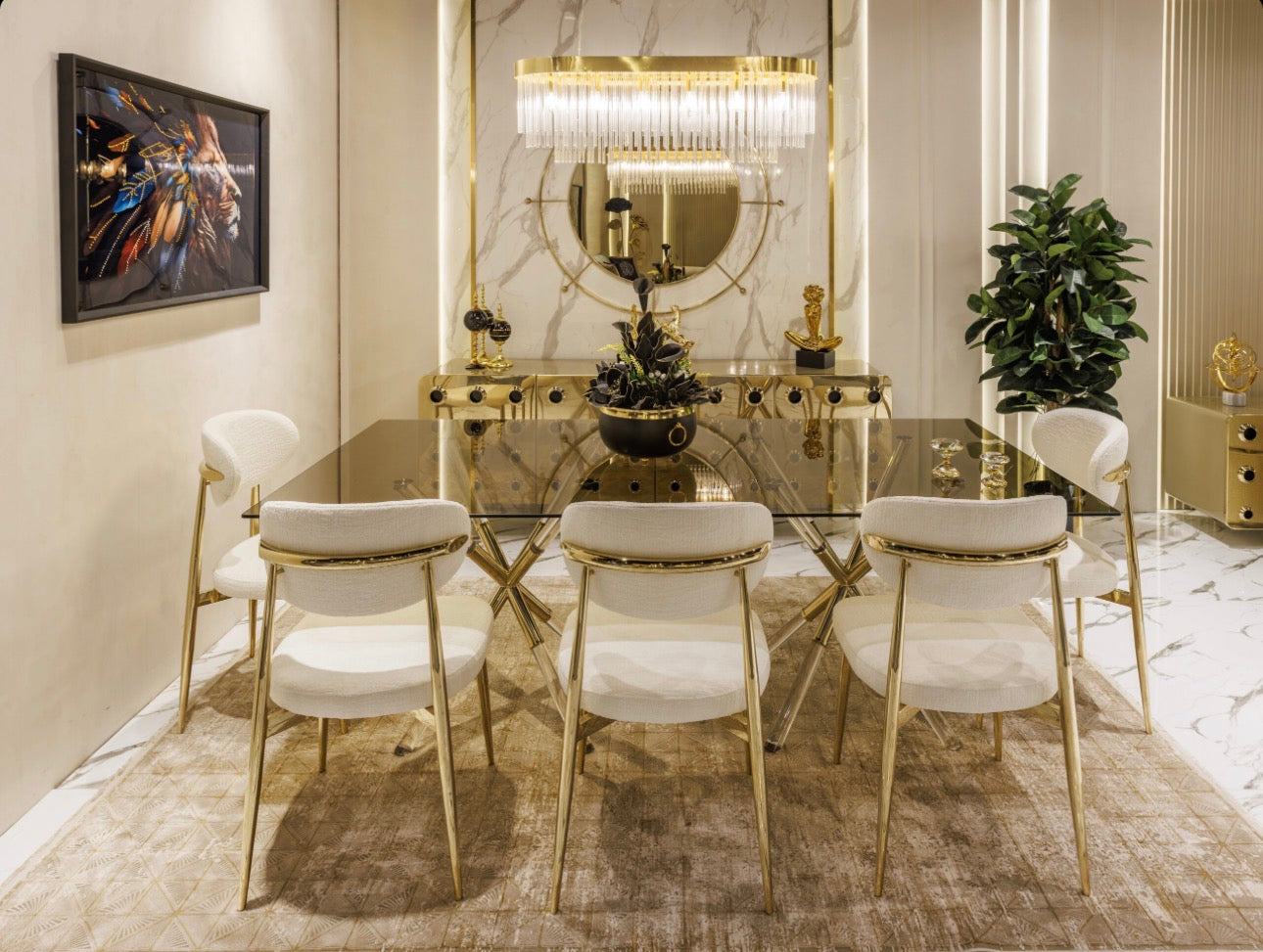 Ivory luxury furniture collection with gold sideboard, marble walls, white seating, and modern high-end living and dining design.