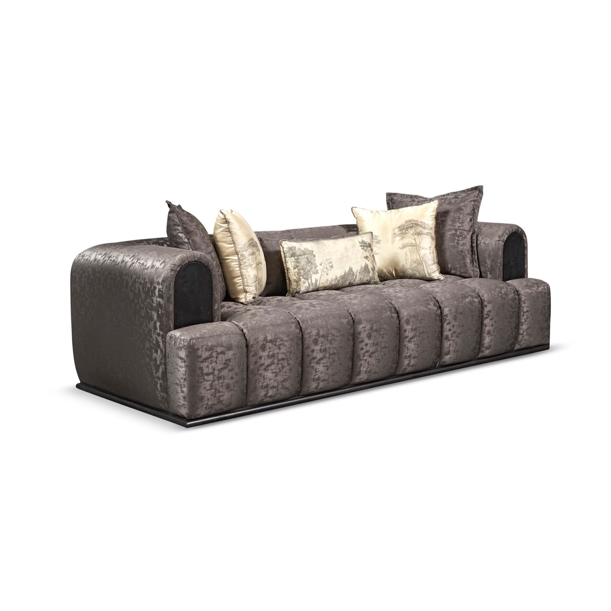 Panthera luxury furniture collection featuring statement sofa, sculptural coffee table, pedestal table, and modern shelving in dark finishes.