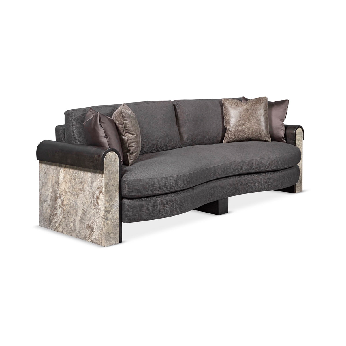 Panthera luxury furniture collection featuring statement sofa, sculptural coffee table, pedestal table, and modern shelving in dark finishes.