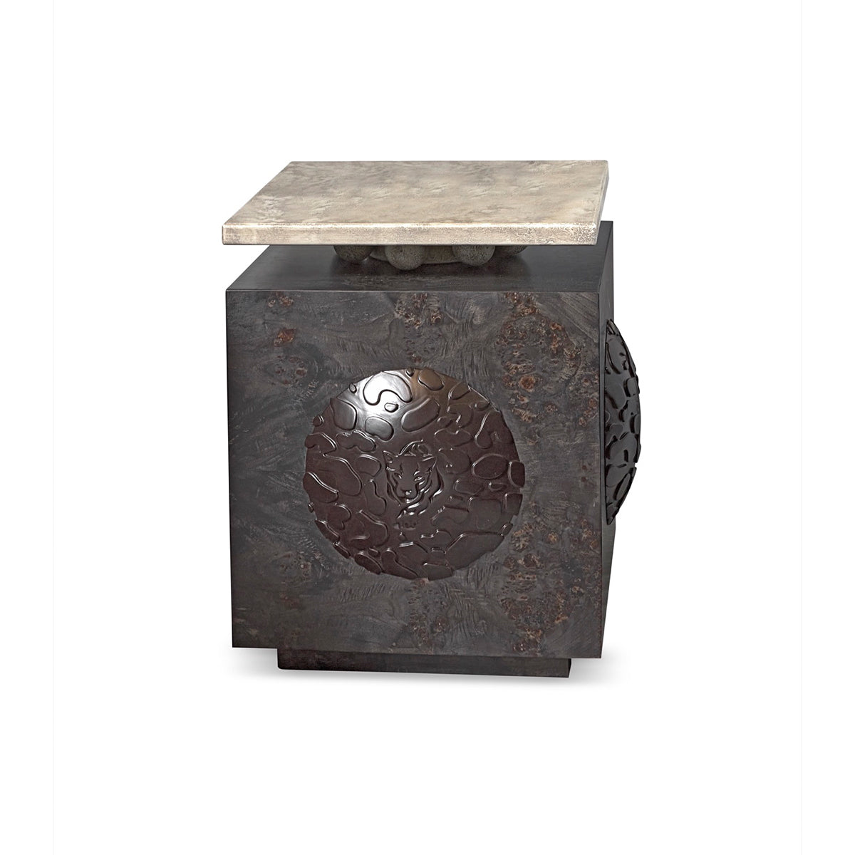 Panthera luxury furniture collection featuring statement sofa, sculptural coffee table, pedestal table, and modern shelving in dark finishes.