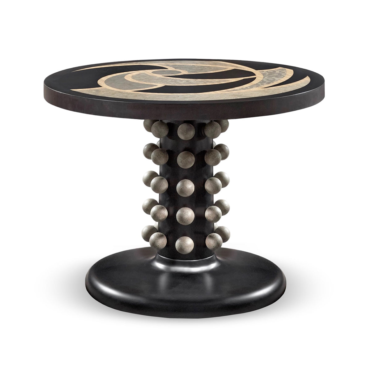 Panthera luxury furniture collection featuring statement sofa, sculptural coffee table, pedestal table, and modern shelving in dark finishes.