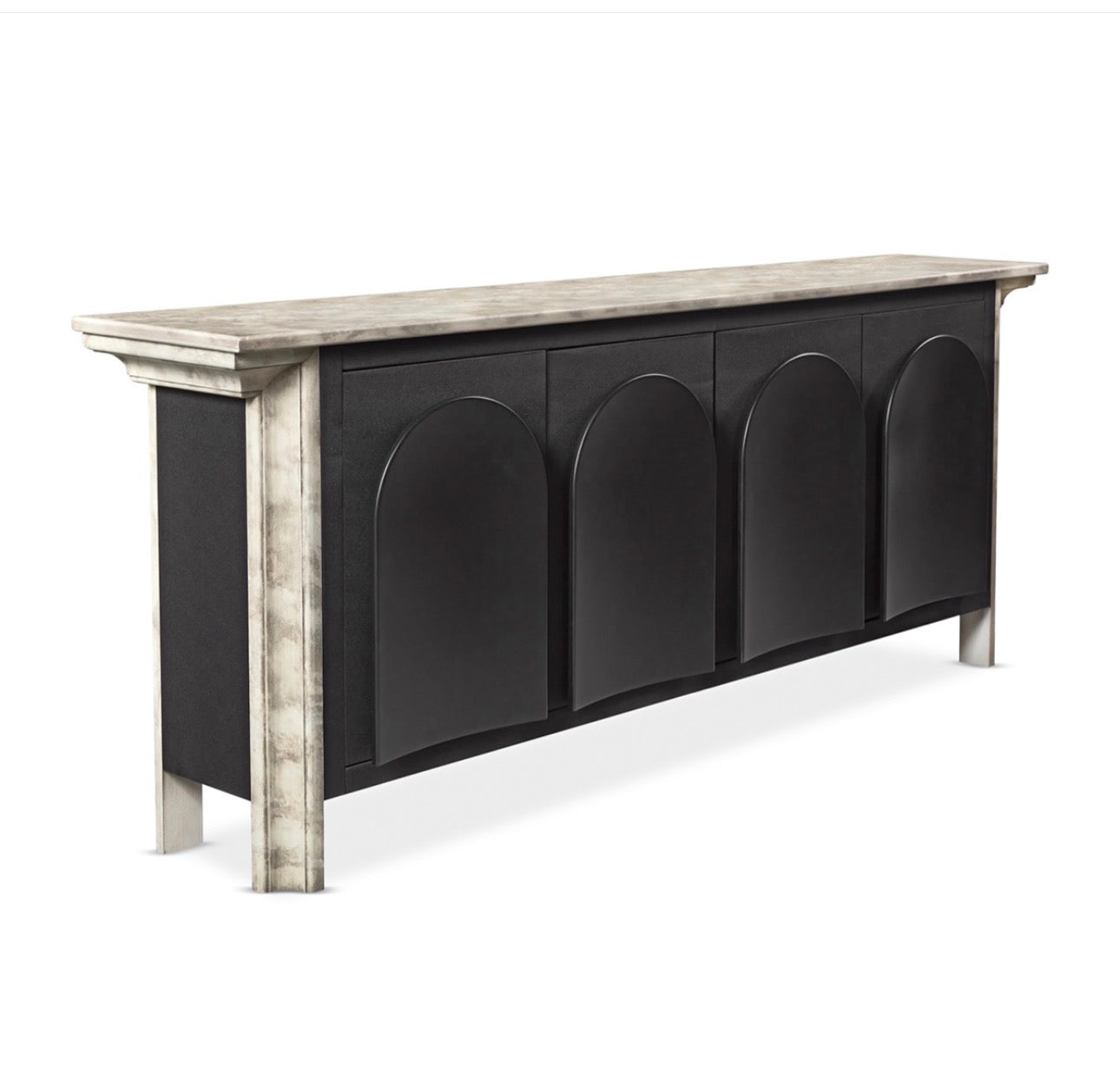 Panthera luxury furniture collection featuring statement sofa, sculptural coffee table, pedestal table, and modern shelving in dark finishes.