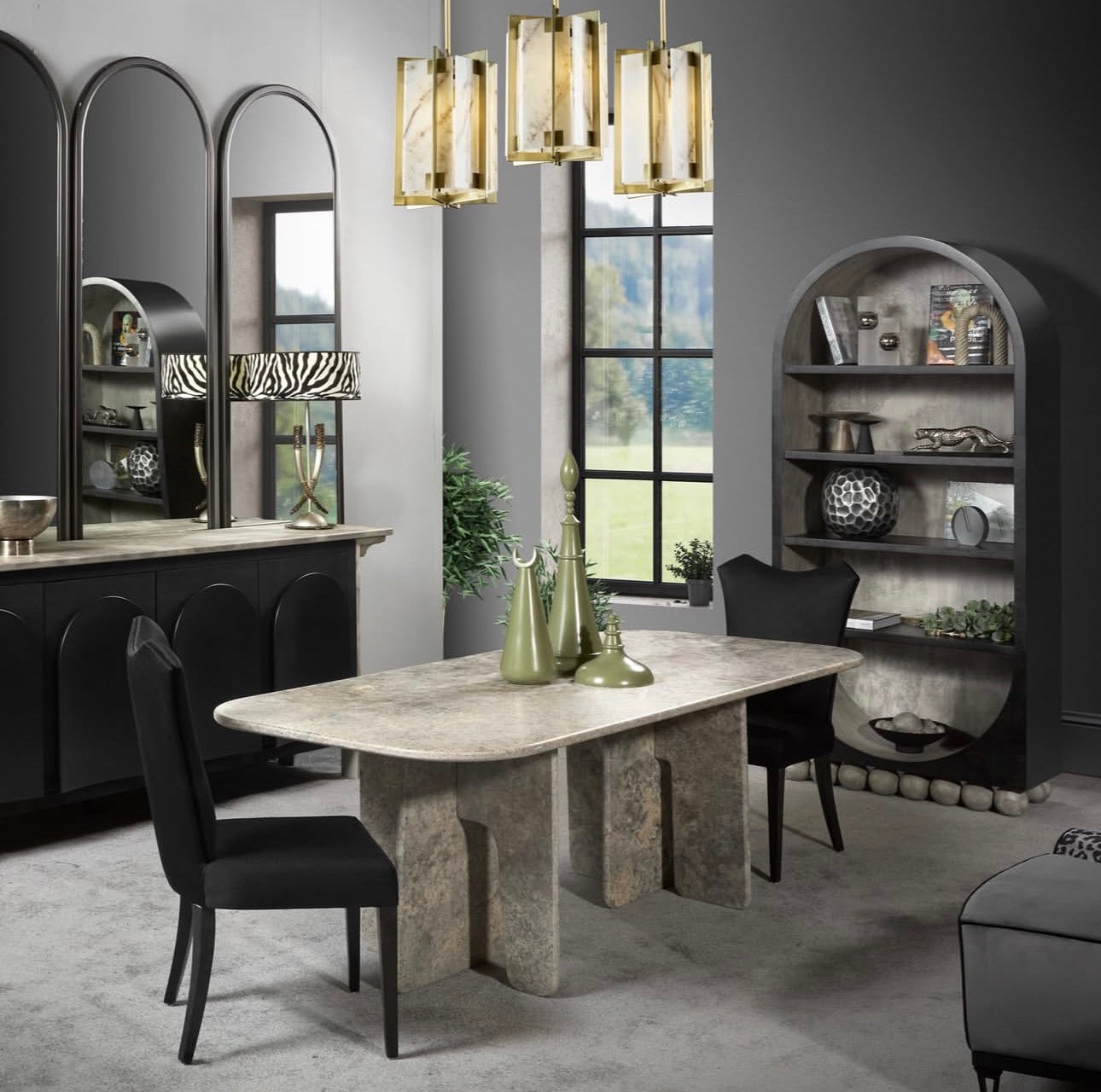 Panthera luxury furniture collection featuring statement sofa, sculptural coffee table, pedestal table, and modern shelving in dark finishes.