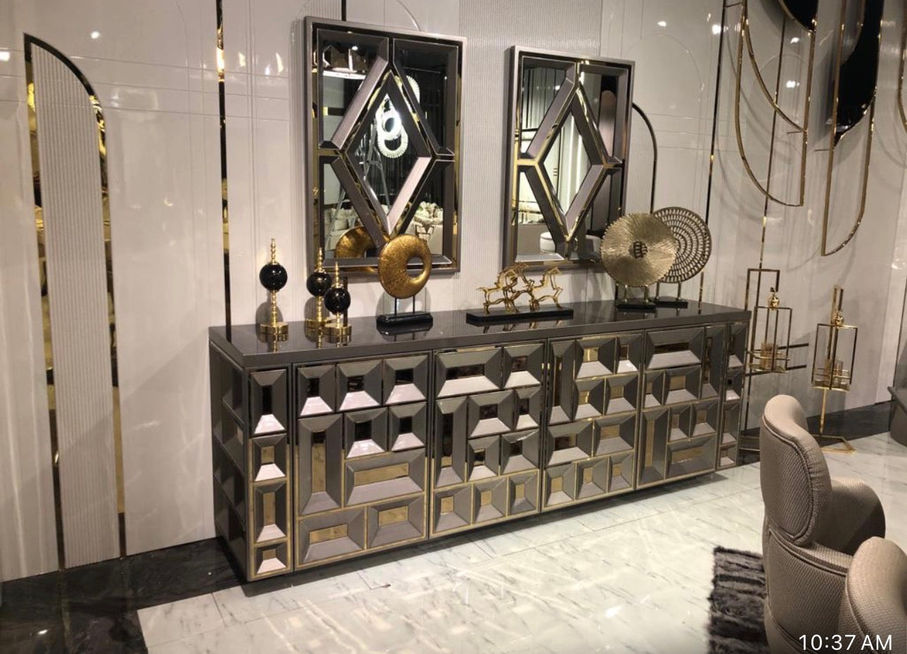 Pulse luxury furniture collection with geometric sideboard, sculptural seating, and modern living room design.