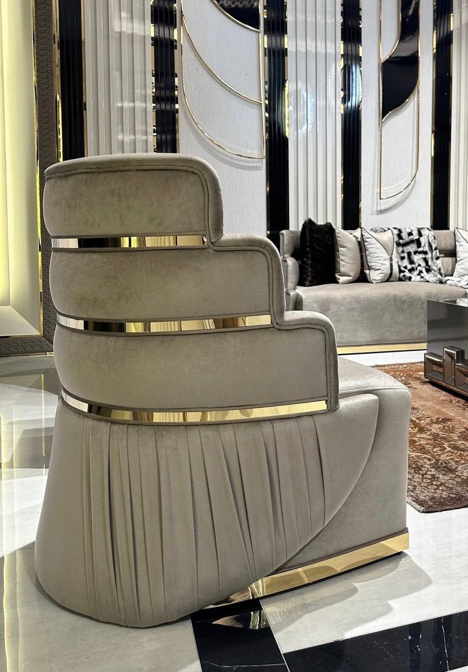 Pulse luxury furniture collection with geometric sideboard, sculptural seating, and modern living room design.