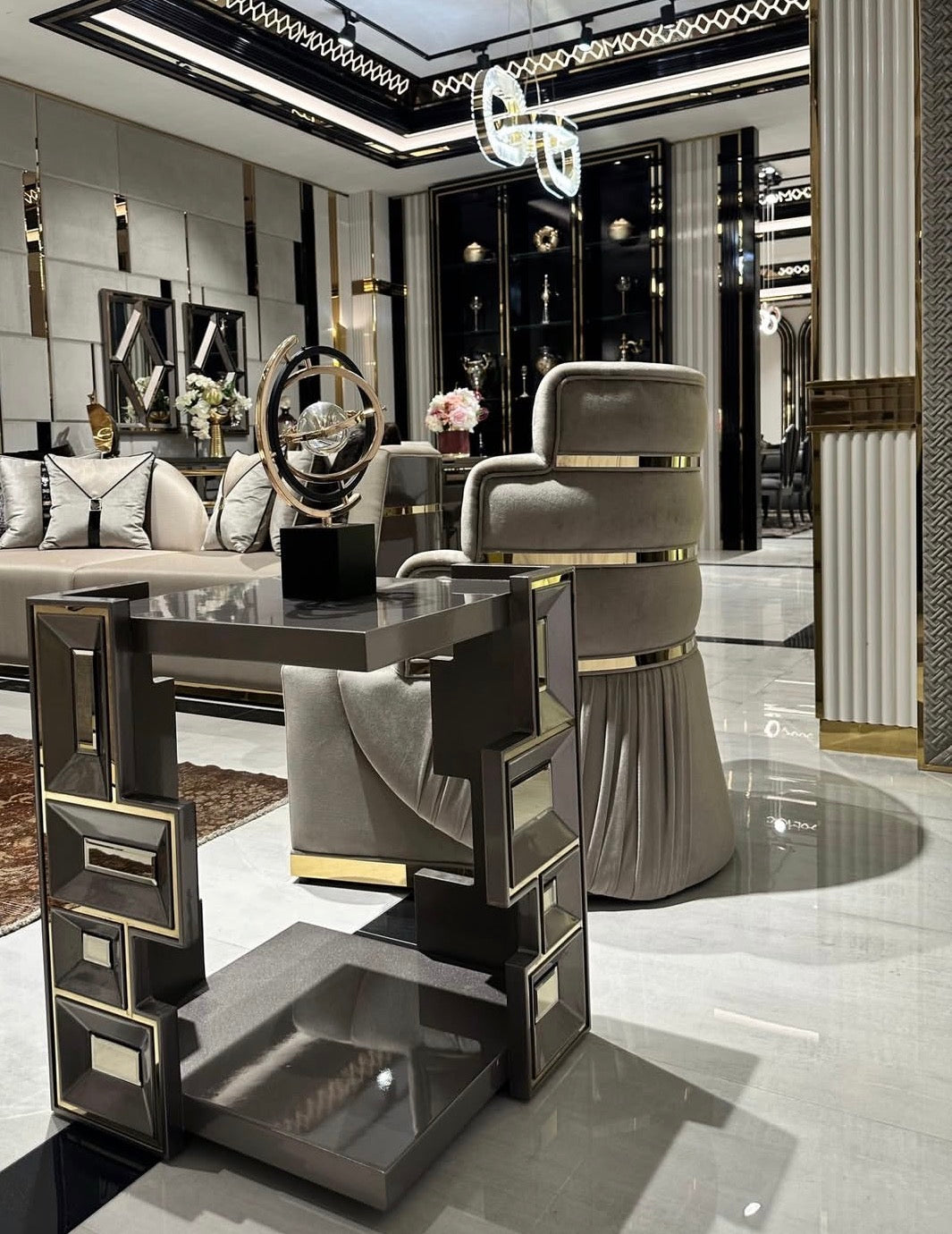 Pulse luxury furniture collection with geometric sideboard, sculptural seating, and modern living room design.