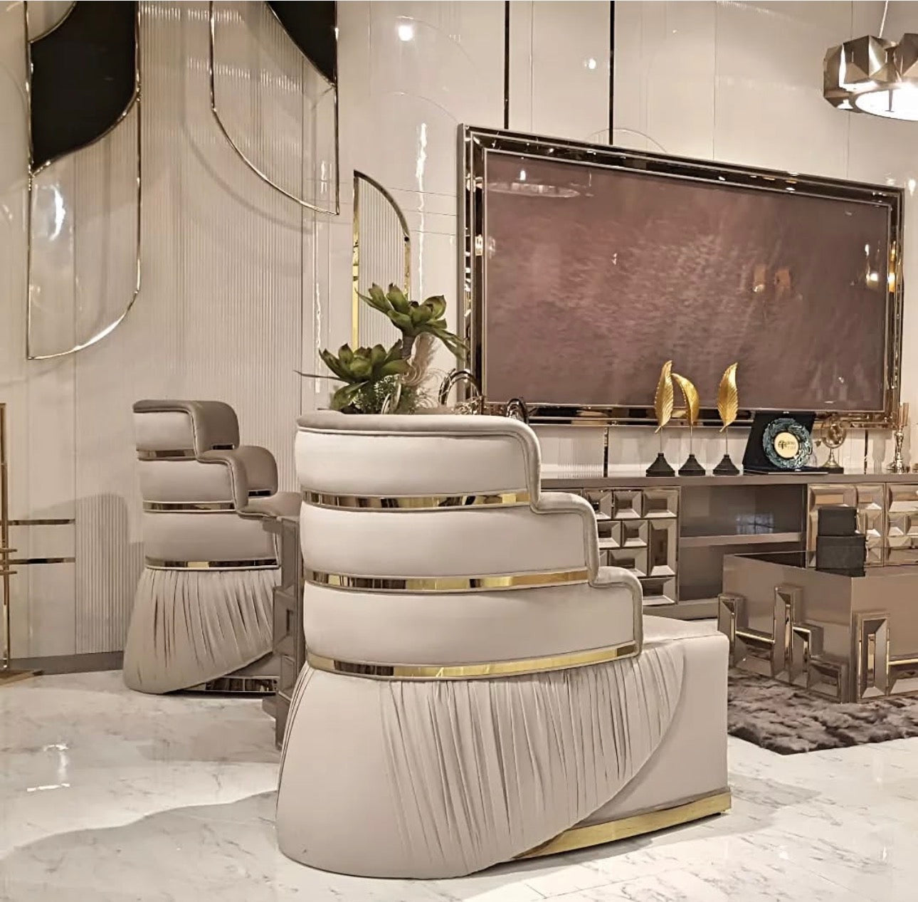 Pulse luxury furniture collection with geometric sideboard, sculptural seating, and modern living room design.