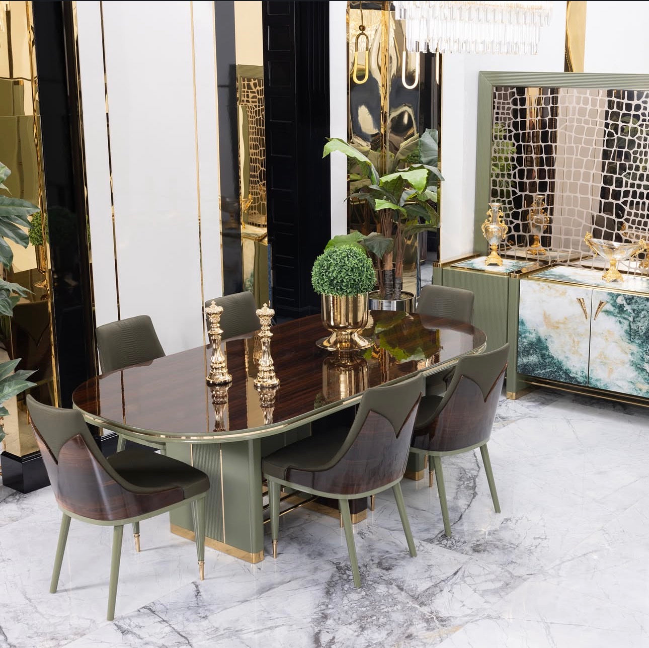 Crest luxury furniture collection with marble sideboard, elegant dining table, and modern living room seating.