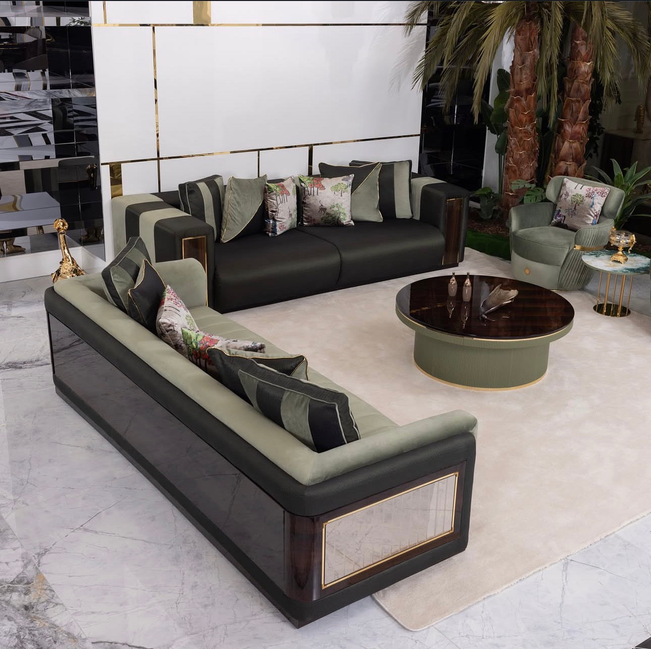 Crest luxury furniture collection with marble sideboard, elegant dining table, and modern living room seating.