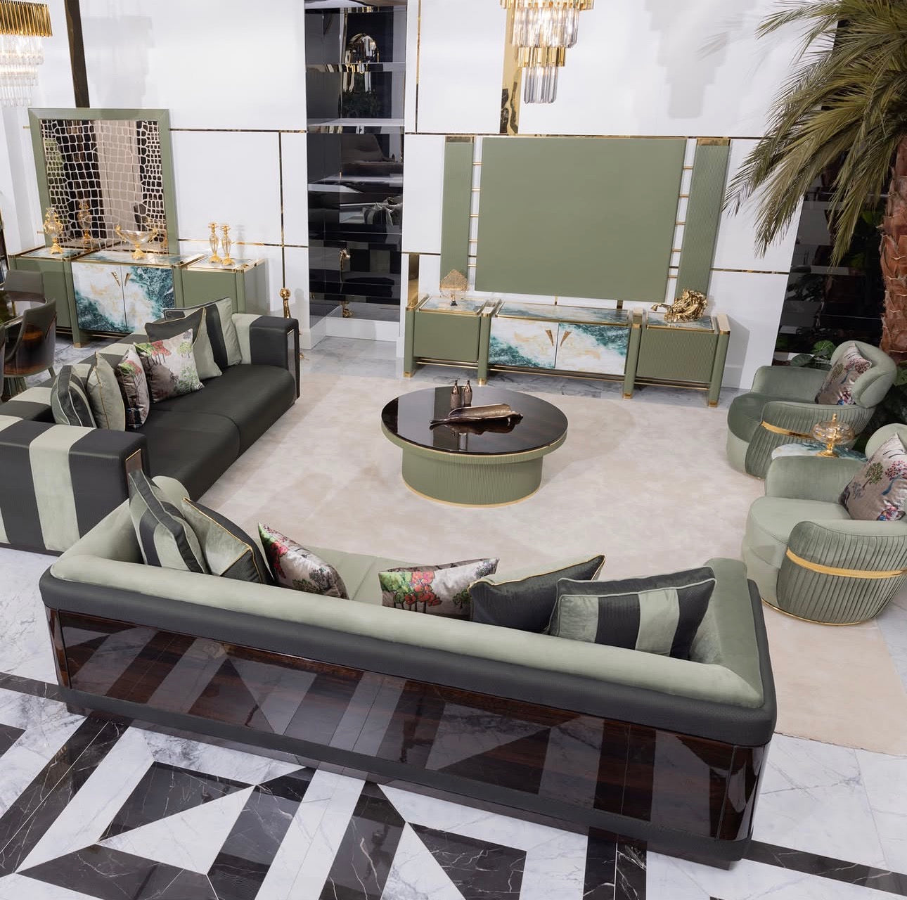 Crest luxury furniture collection with marble sideboard, elegant dining table, and modern living room seating.