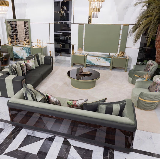 Crest luxury furniture collection with marble sideboard, elegant dining table, and modern living room seating.