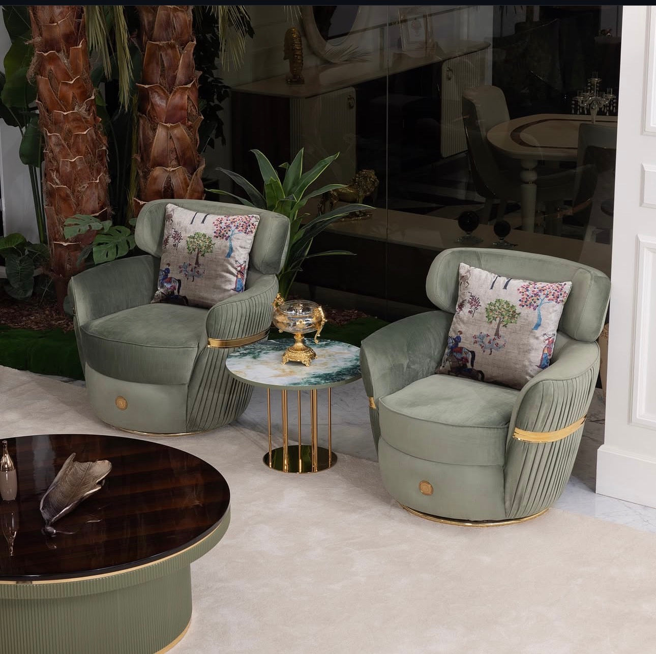 Crest luxury furniture collection with marble sideboard, elegant dining table, and modern living room seating.