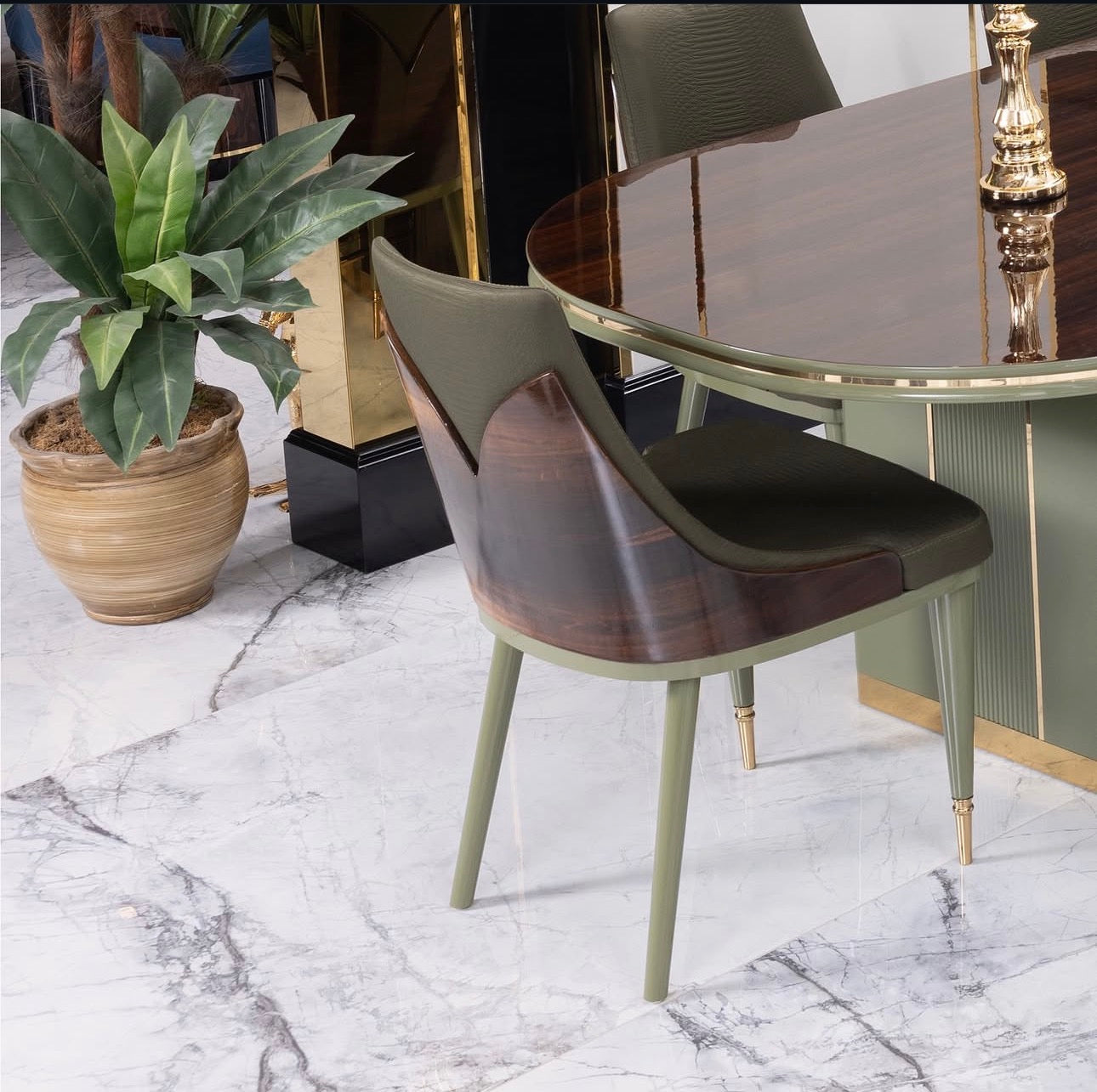 Crest luxury furniture collection with marble sideboard, elegant dining table, and modern living room seating.