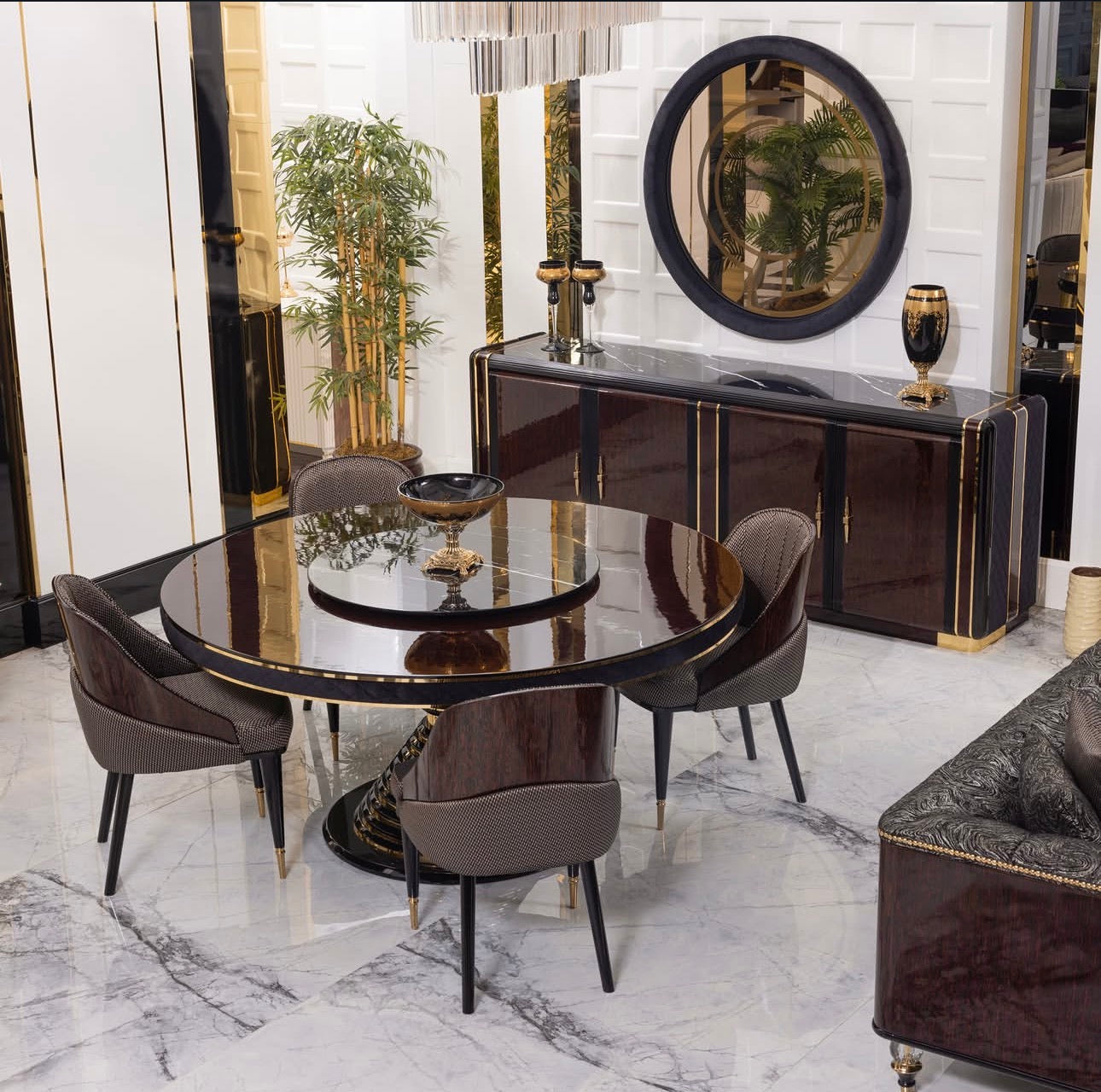 Velocity luxury furniture collection with modern living room seating and elegant dining table with wood and gold accents.