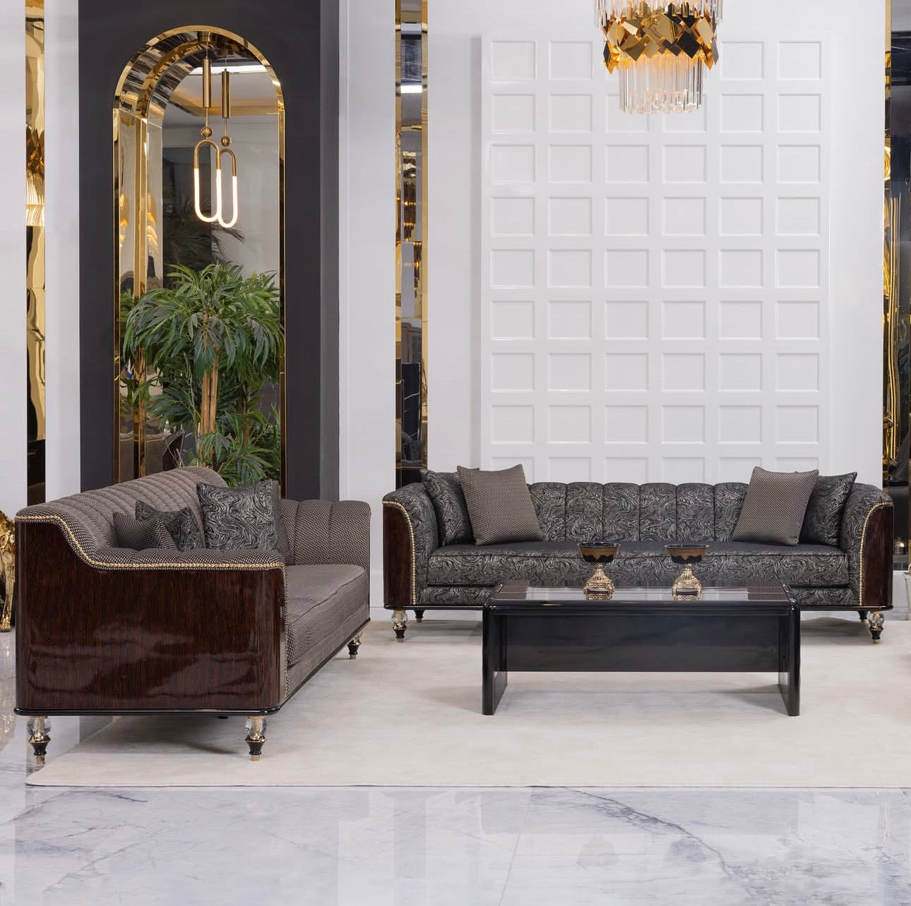 Velocity luxury furniture collection with modern living room seating and elegant dining table with wood and gold accents.