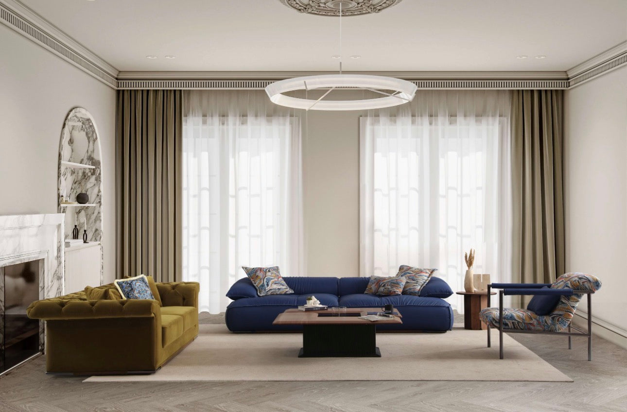 Drift modern living room furniture collection with deep sofa seating and contemporary lounge chair.